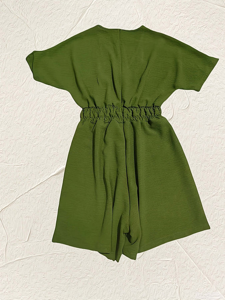 Shirred Waist Romper V-Neck Short Sleeve Jumpsuit
