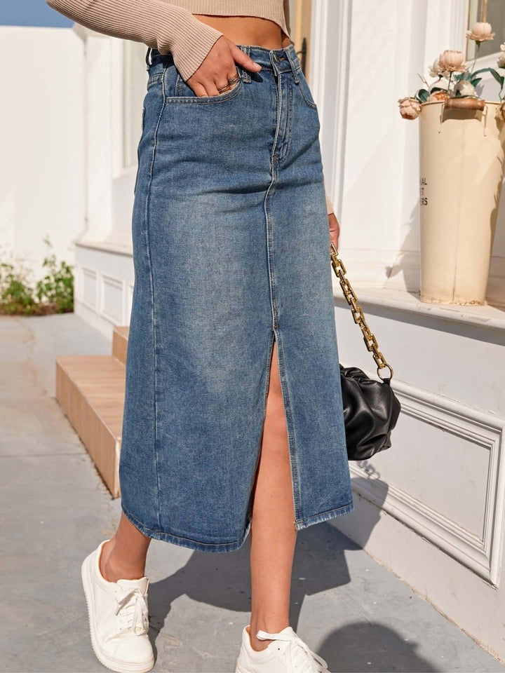 Women's High-Waisted Denim Midi Skirt with Front Slit