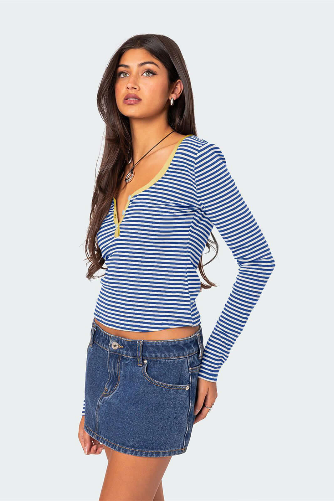 Women's Striped V-Neck Henley Top