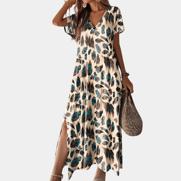 Leaf Print Maxi Dress - Casual V-Neck