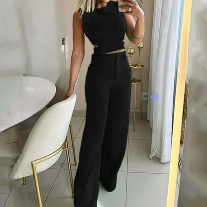 Women's Round Neck Top and Wide Leg Trouser Set