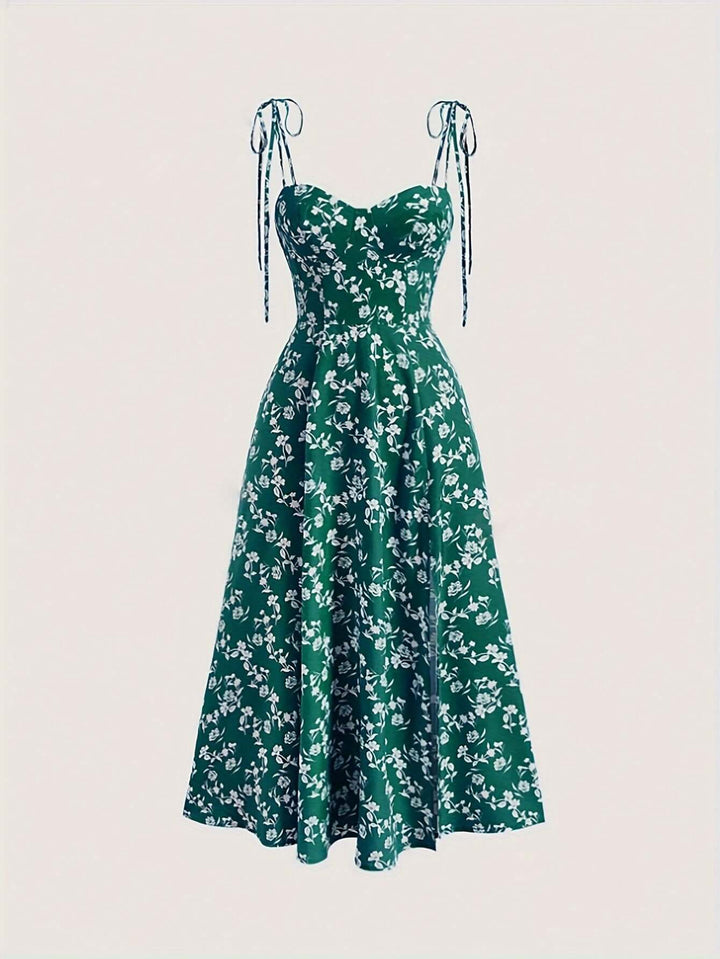 Floral Print Midi Dress with Tie Straps