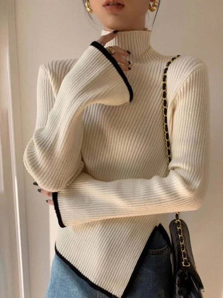 Women's Ribbed Turtleneck Sweater with Flared Sleeves
