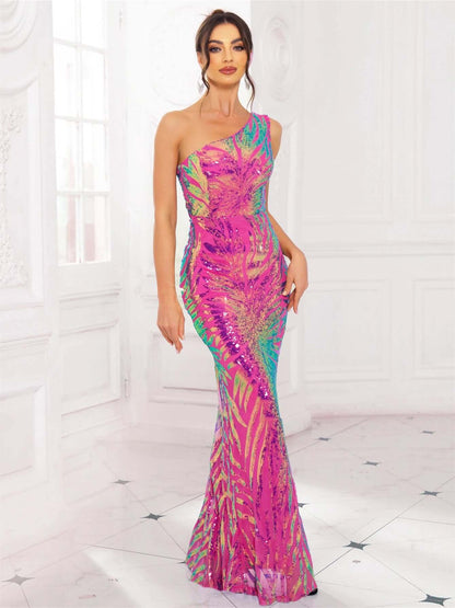 Sequin One-Shoulder Mermaid Evening Gown