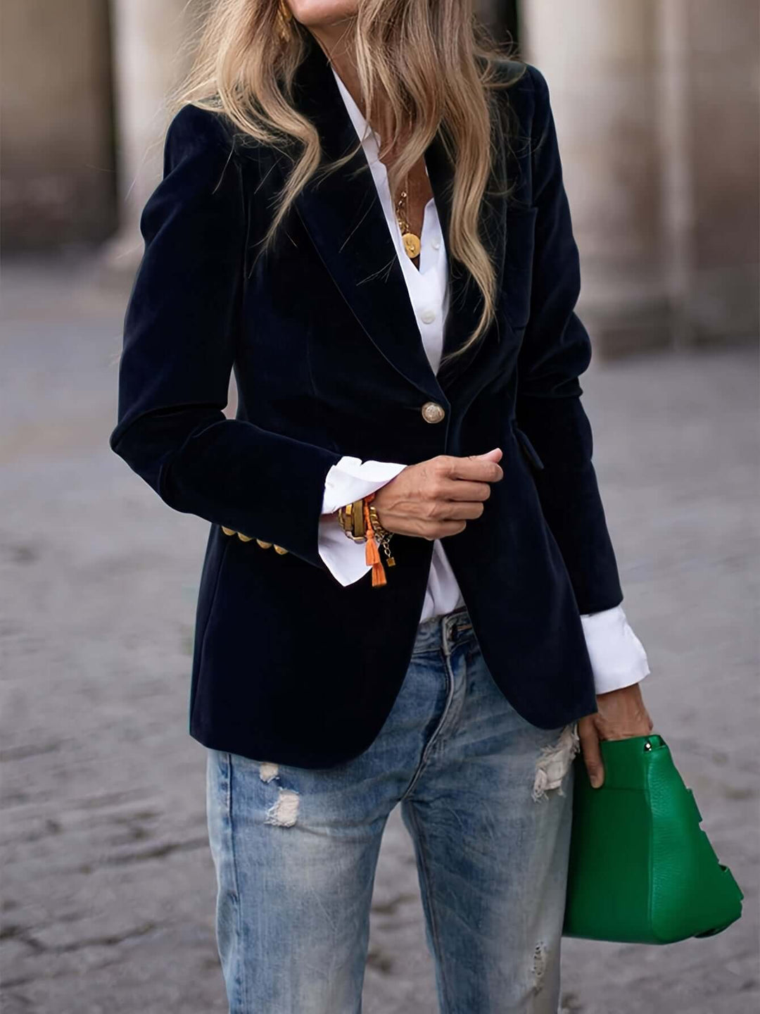 Women's Green Velvet Blazer with Golden Buttons