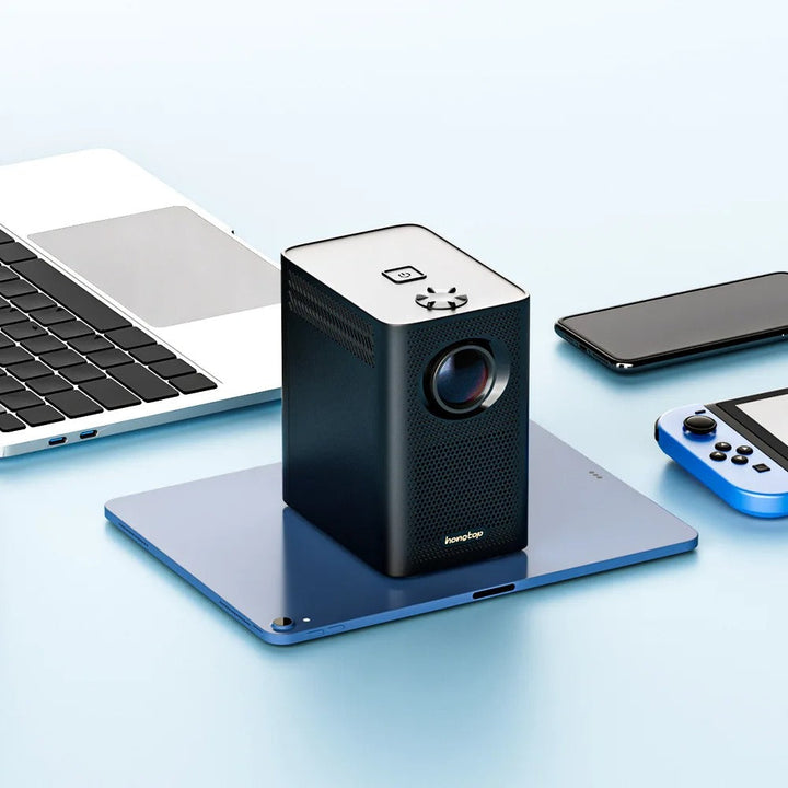 4K Smart Android Projector with WiFi, showcasing compact design, HDMI ports, and lens for cinematic quality visuals.