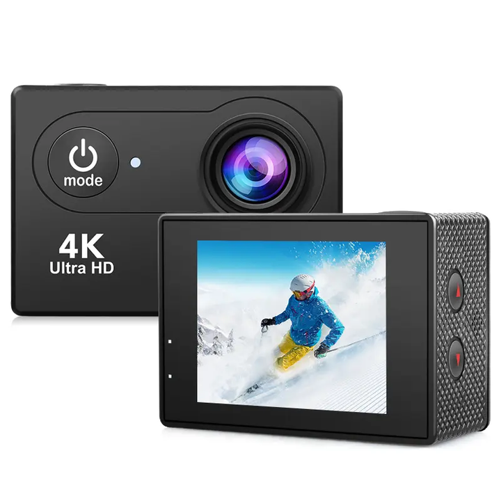 "4K sports action camera with wide-angle lens, waterproof design, and versatile mounts for capturing adventure footage."