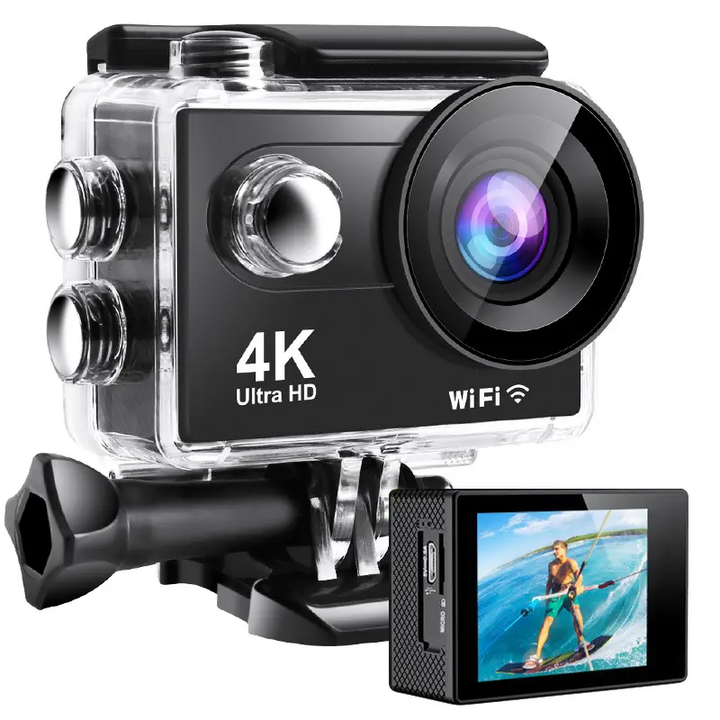 "4K sports action camera with wide-angle lens, waterproof design, and versatile mounts for capturing adventure footage."