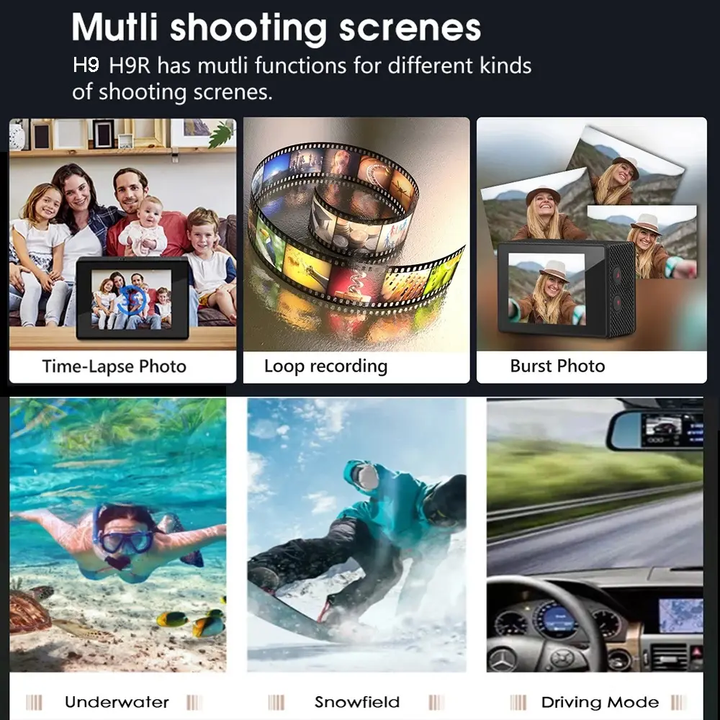 "4K sports action camera with wide-angle lens, waterproof design, and versatile mounts for capturing adventure footage."