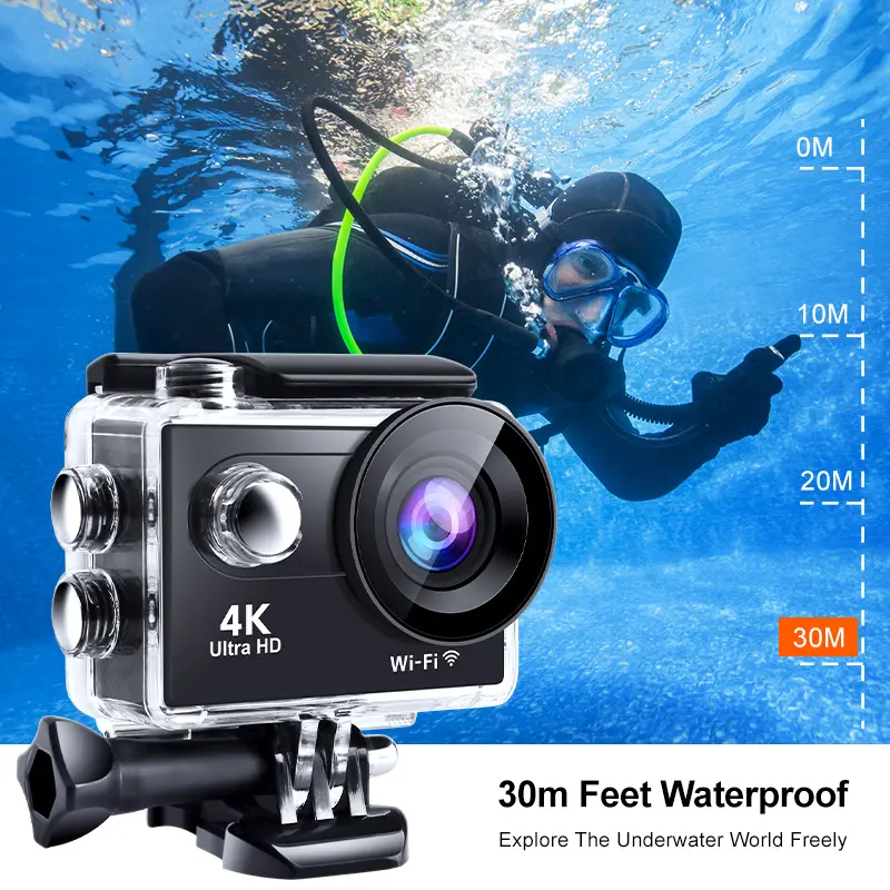 "4K sports action camera with wide-angle lens, waterproof design, and versatile mounts for capturing adventure footage."