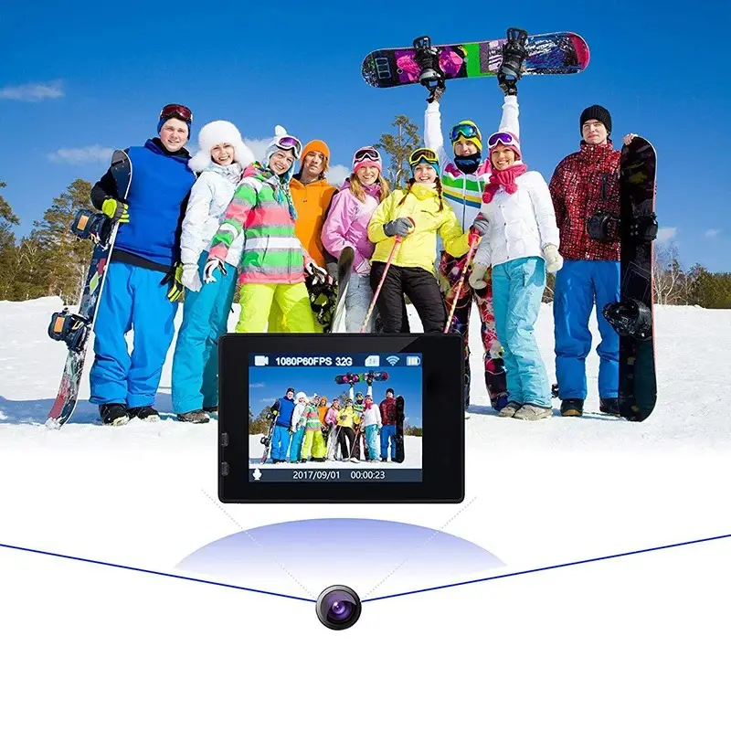 "4K sports action camera with wide-angle lens, waterproof design, and versatile mounts for capturing adventure footage."