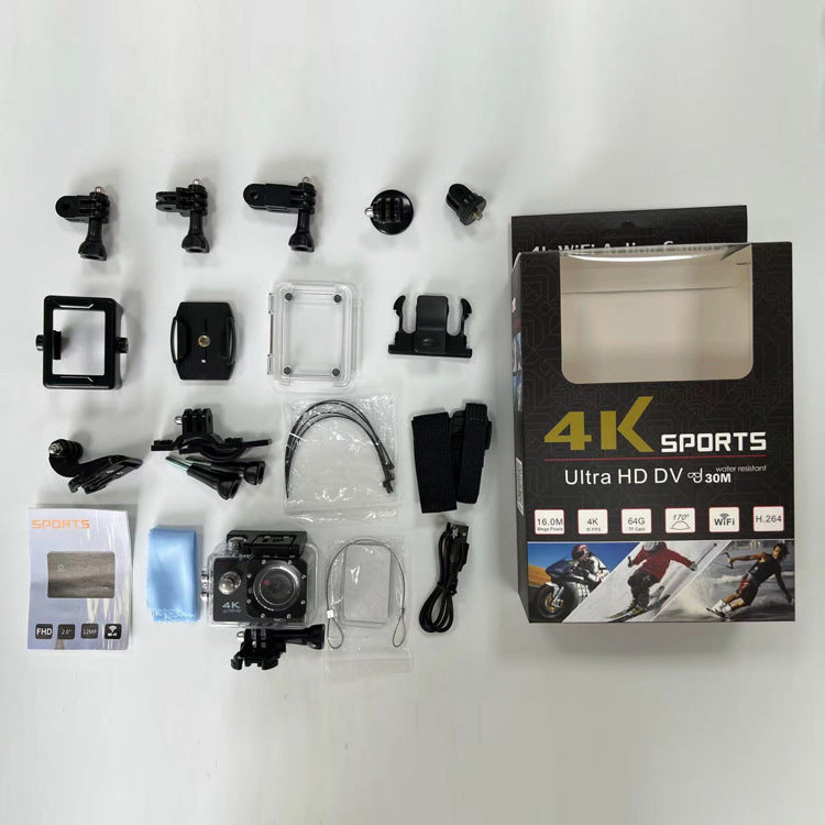 "4K sports action camera with wide-angle lens, waterproof design, and versatile mounts for capturing adventure footage."