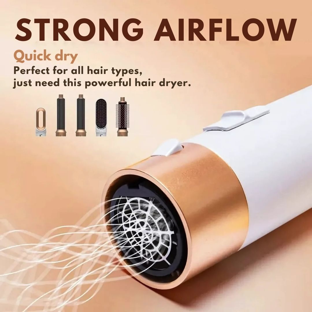 "5-in-1 hair styler with air tech, five attachments, sleek silver design for curling, drying, smoothing, volumizing."