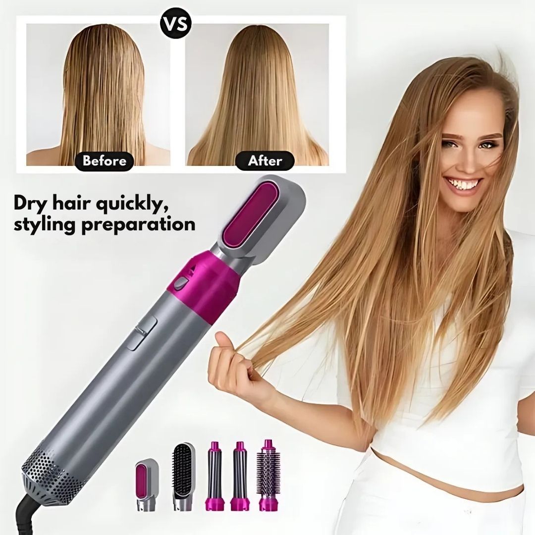 "5-in-1 hair styler with air tech, five attachments, sleek silver design for curling, drying, smoothing, volumizing."