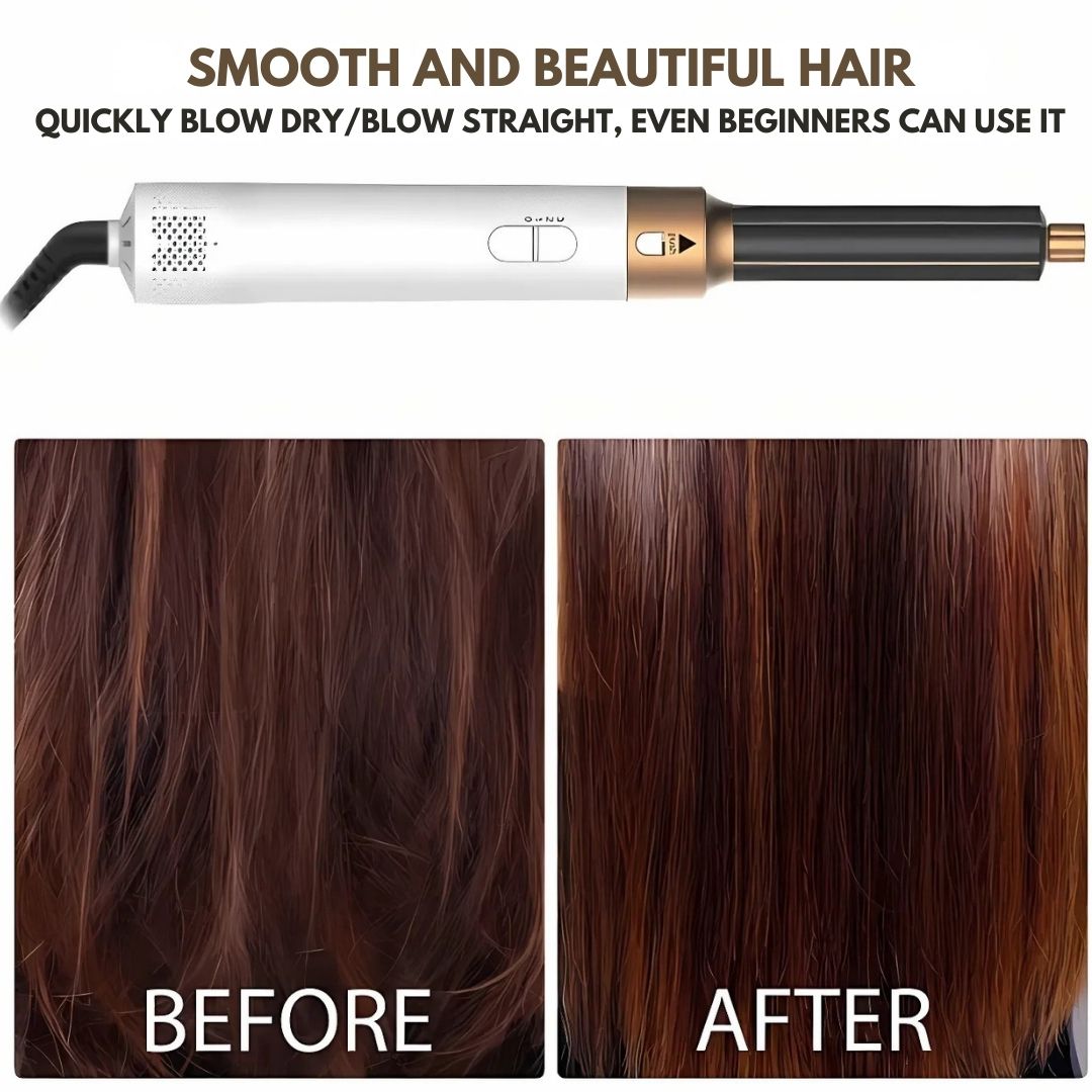 "5-in-1 hair styler with air tech, five attachments, sleek silver design for curling, drying, smoothing, volumizing."