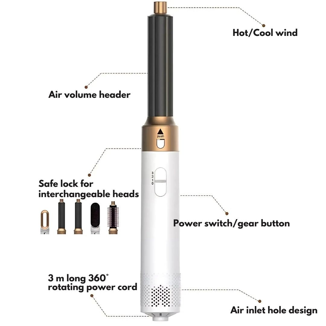 "5-in-1 hair styler with air tech, five attachments, sleek silver design for curling, drying, smoothing, volumizing."