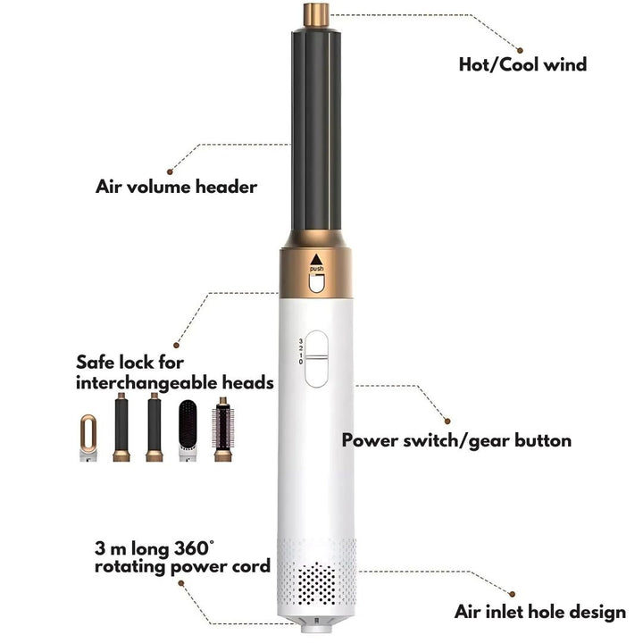 "5-in-1 hair styler with air tech, five attachments, sleek silver design for curling, drying, smoothing, volumizing."