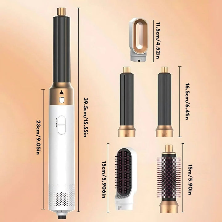 "5-in-1 hair styler with air tech, five attachments, sleek silver design for curling, drying, smoothing, volumizing."