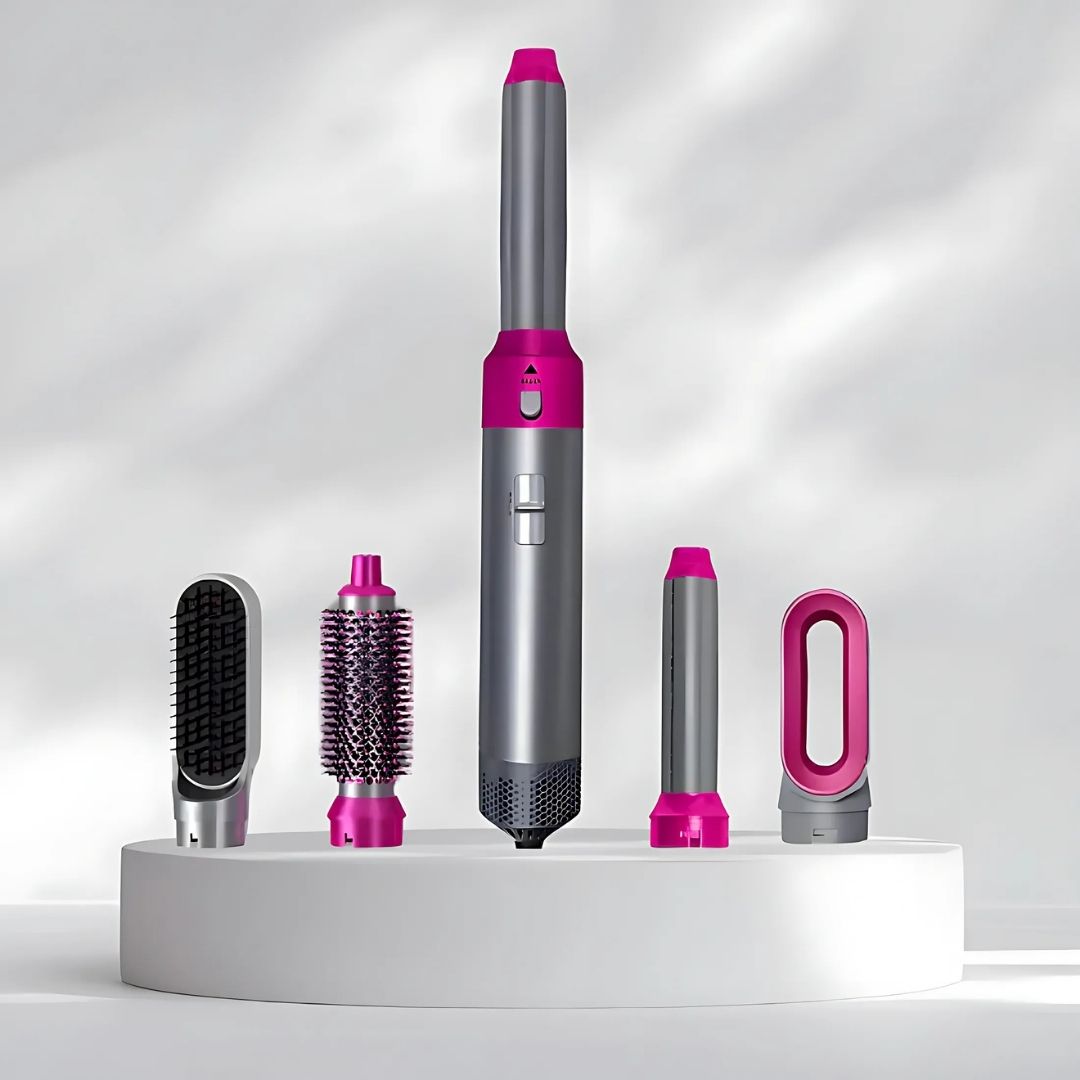 "5-in-1 hair styler with air tech, five attachments, sleek silver design for curling, drying, smoothing, volumizing."