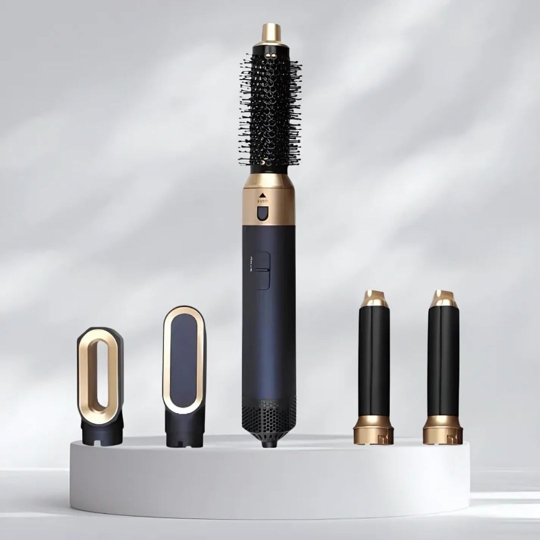 "5-in-1 hair styler with air tech, five attachments, sleek silver design for curling, drying, smoothing, volumizing."