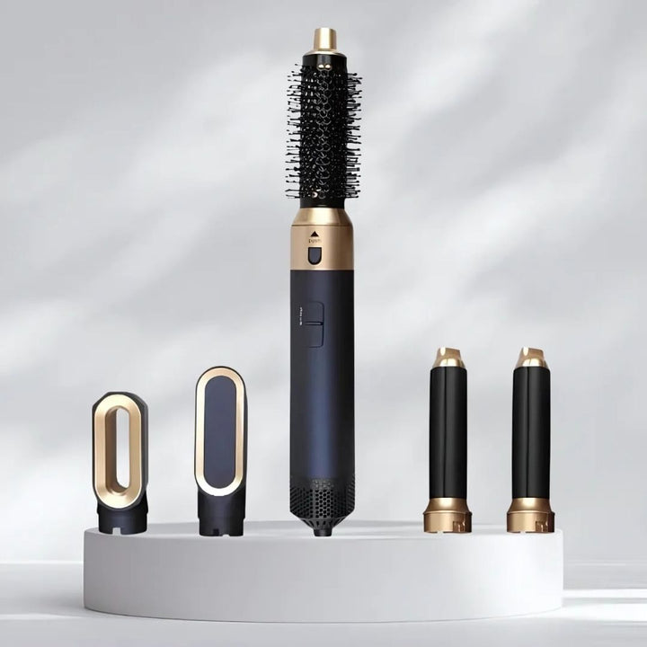 "5-in-1 hair styler with air tech, five attachments, sleek silver design for curling, drying, smoothing, volumizing."