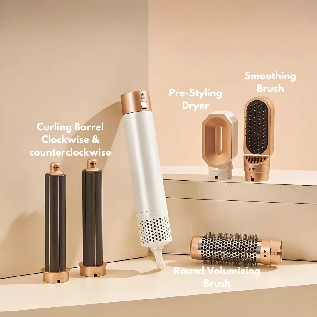 "5-in-1 hair styler with air tech, five attachments, sleek silver design for curling, drying, smoothing, volumizing."