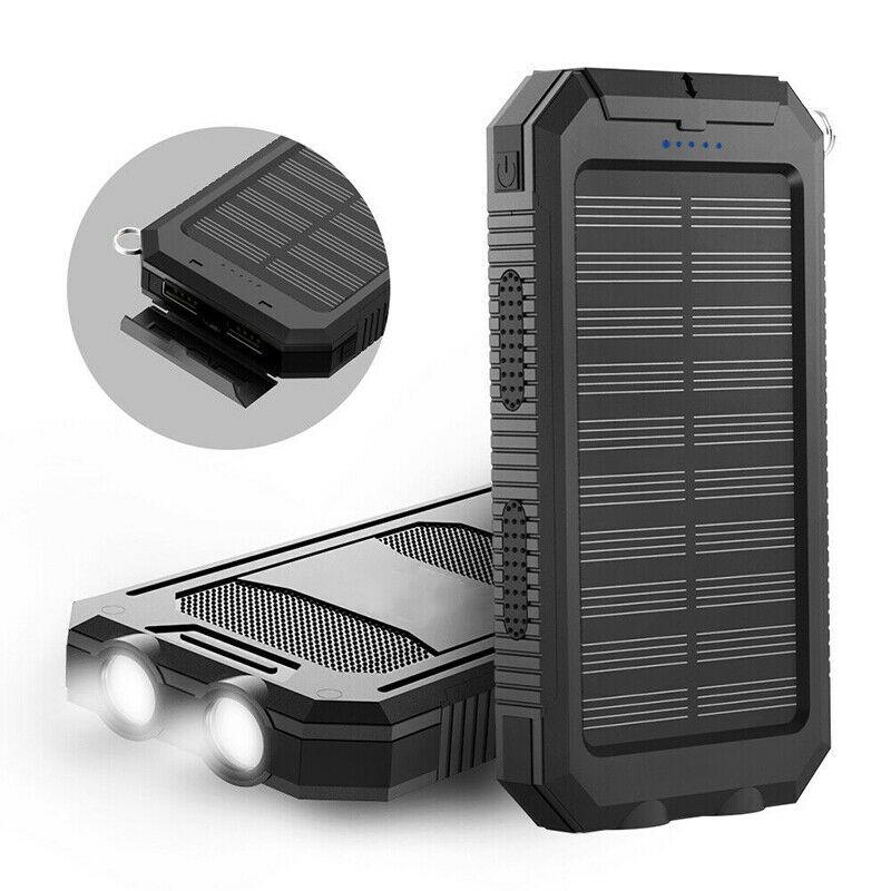 "500000mAh waterproof solar charger power bank, black and blue, dual USB, portable, ideal for outdoor adventures."