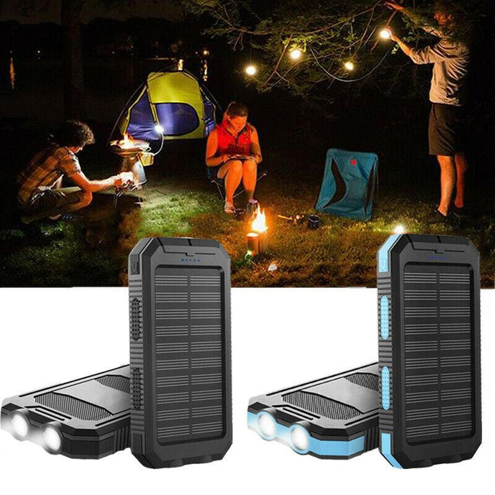 "500000mAh waterproof solar charger power bank, black and blue, dual USB, portable, ideal for outdoor adventures."