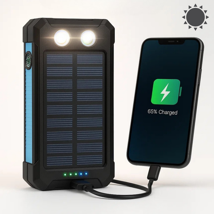 "500000mAh waterproof solar charger power bank, black and blue, dual USB, portable, ideal for outdoor adventures."