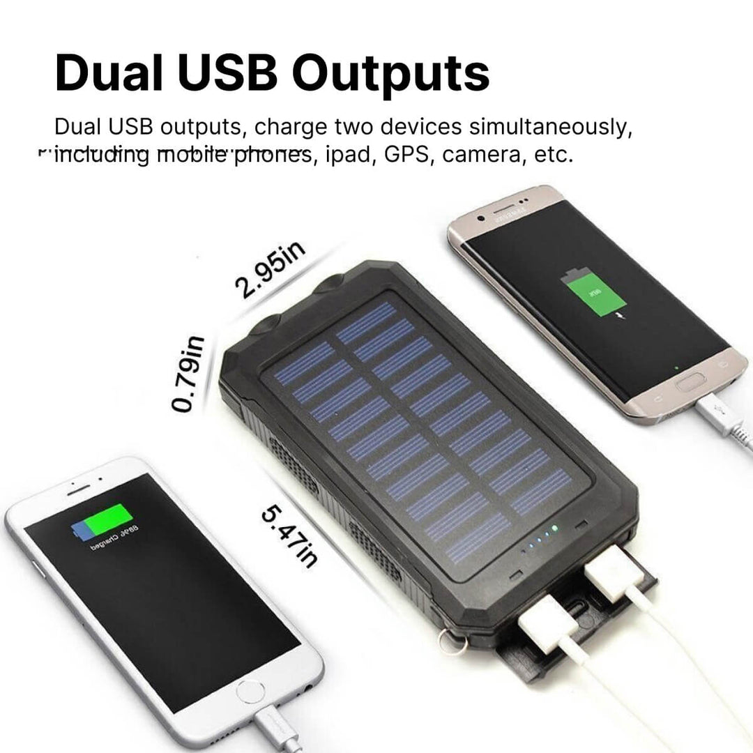 "500000mAh waterproof solar charger power bank, black and blue, dual USB, portable, ideal for outdoor adventures."