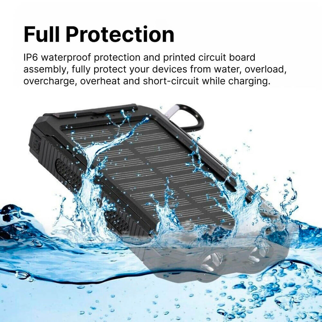 "500000mAh waterproof solar charger power bank, black and blue, dual USB, portable, ideal for outdoor adventures."