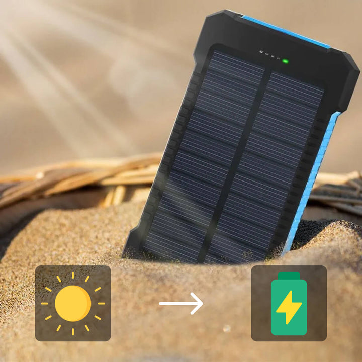 "500000mAh waterproof solar charger power bank, black and blue, dual USB, portable, ideal for outdoor adventures."