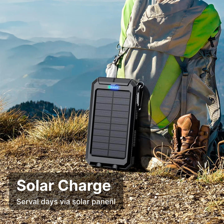 "500000mAh waterproof solar charger power bank, black and blue, dual USB, portable, ideal for outdoor adventures."