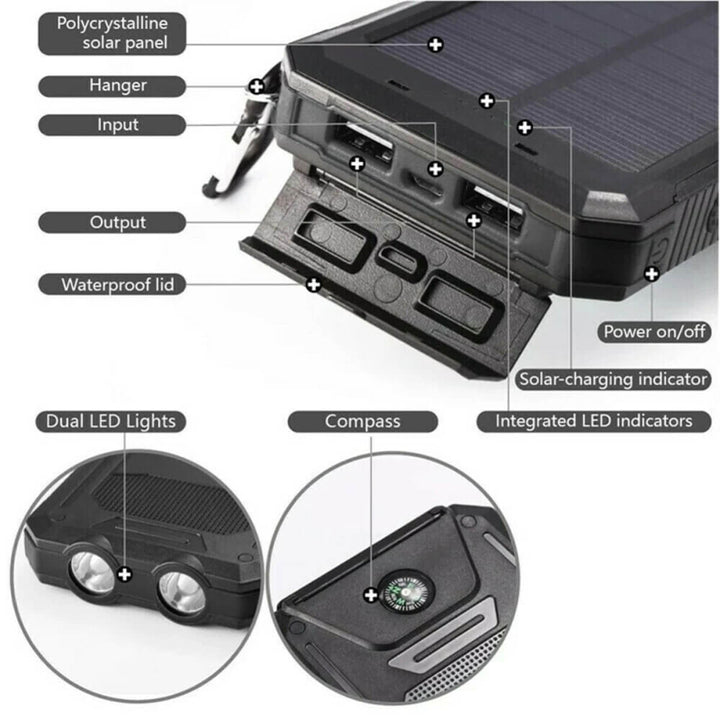 "500000mAh waterproof solar charger power bank, black and blue, dual USB, portable, ideal for outdoor adventures."