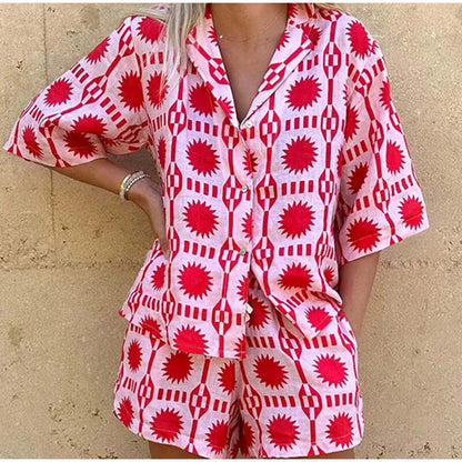 Women's Geometric Print Co-ord Set: Relaxed Shirt & Shorts