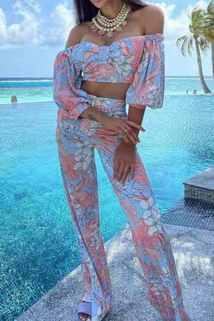 Floral Off-Shoulder Top & Wide Leg Pants Set - Women
