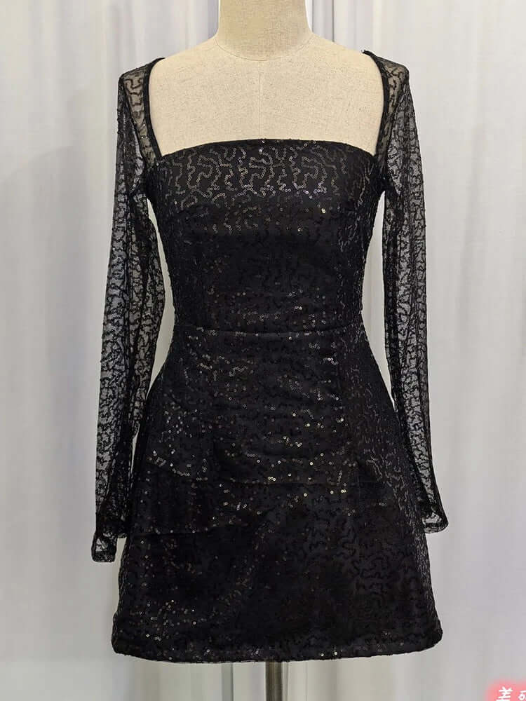 Sequin Bodycon Mini Dress - Women's Long Sleeve Partywear