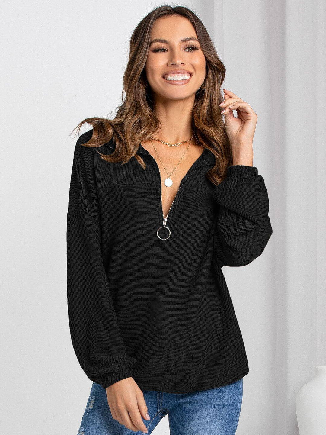 Women's Casual Loose Half-Zip Knitted Jumper