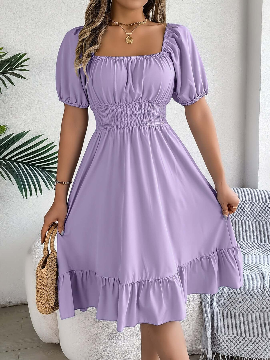 Women's Smocked Puff Sleeve Midi Dress