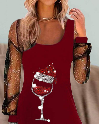 Women's Festive Wine Glass Print Dress