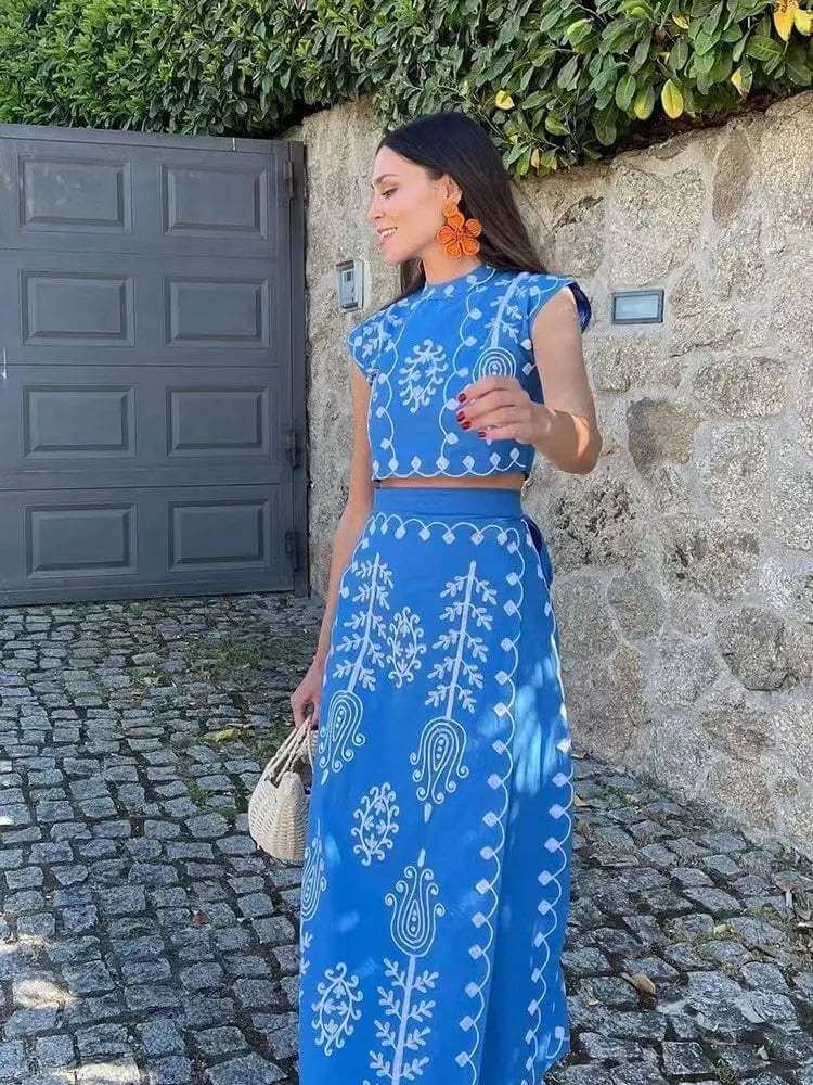 Embroidered Crop Top & Wrap Midi Skirt Set