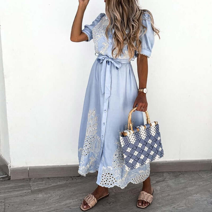 Embroidered Blue Dress - Elegant A-Line Dress for Women