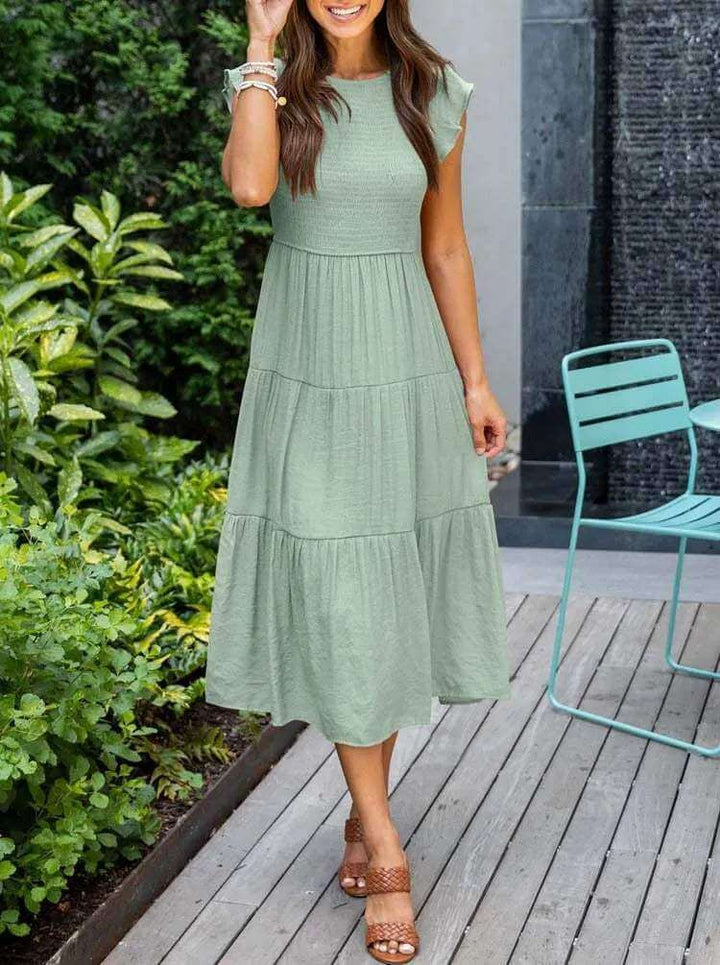Women's Tiered Midi Dress with Flutter Sleeves