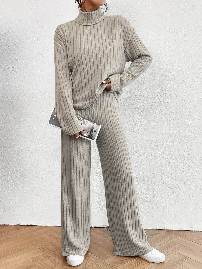 Women's Knitted Turtleneck Sweater and Wide-Leg Pants Set