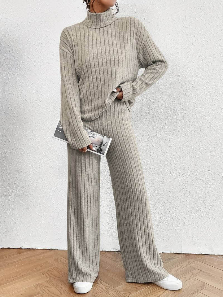 Women's Knitted Turtleneck Sweater and Wide-Leg Pants Set