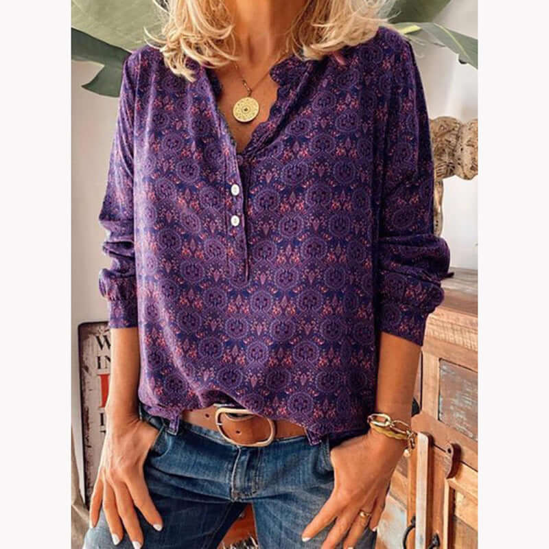 Printed Women's Casual Blouse with Cutout Neckline