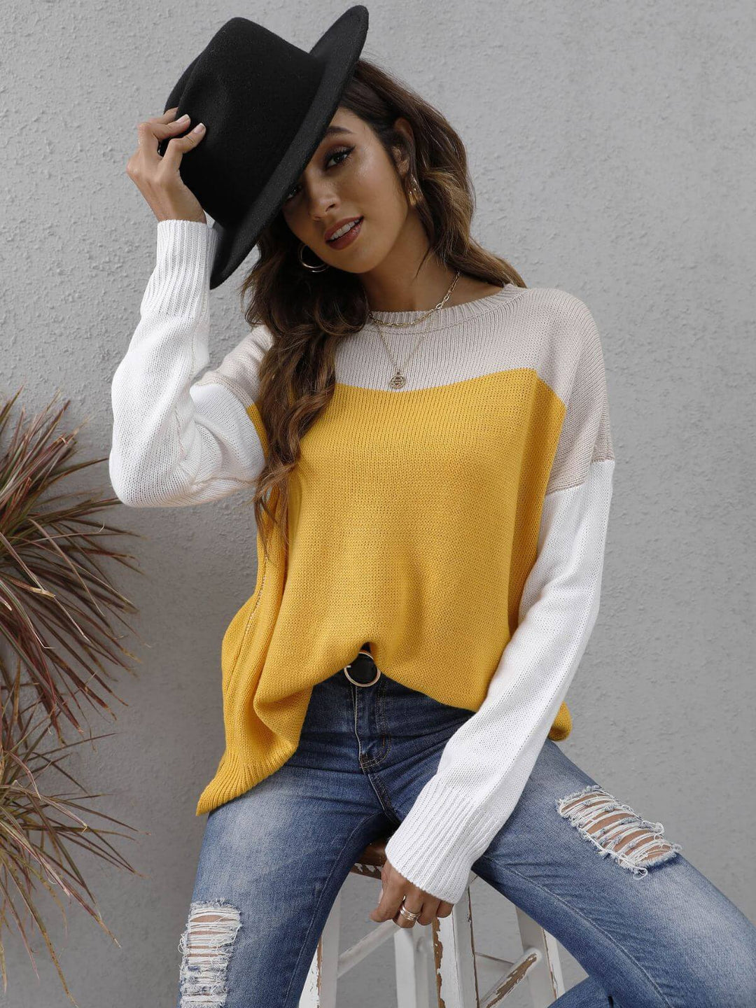 Colour Block Knit Sweater - Women's Relaxed Fit Jumper