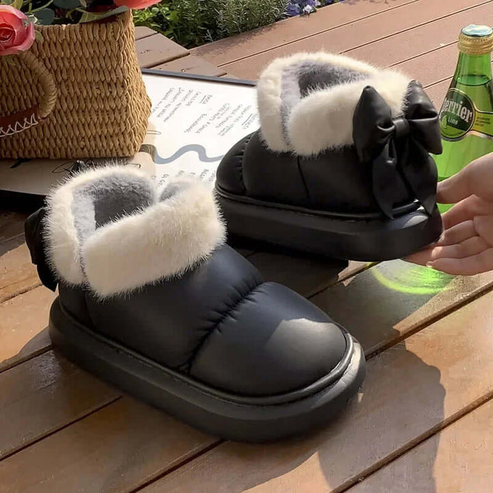 Women's Faux Fur Lined Ankle Boots with Bow Detail