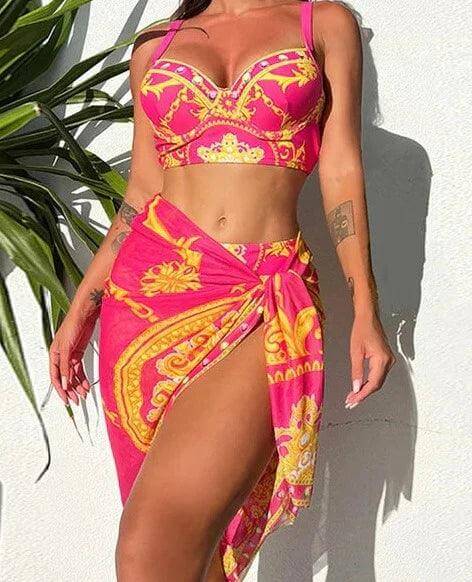 Bohemian High-Waist Bikini Set with Cover-Up