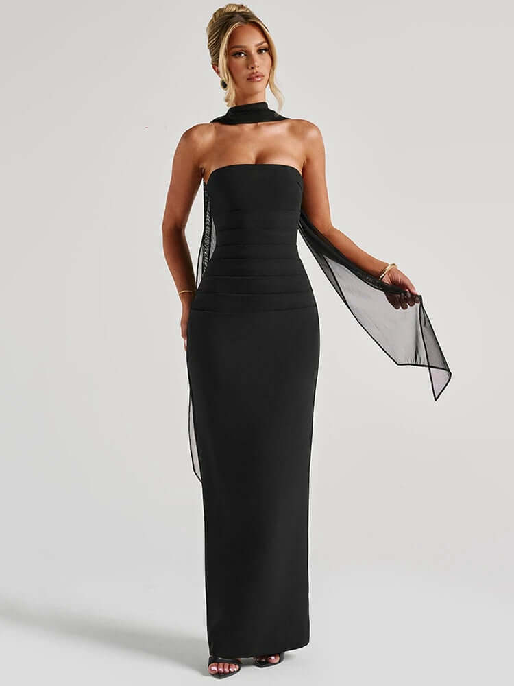 Strapless Evening Dress with Scarf - Floor-Length